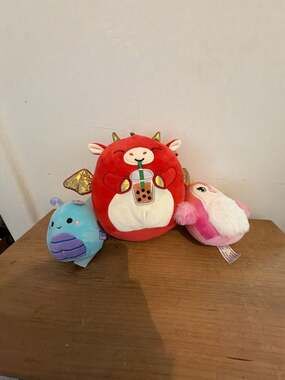 Squishmallows bundle Plush Bundle: Red Dragon with Boba, Blue Snail, and Pink Bi